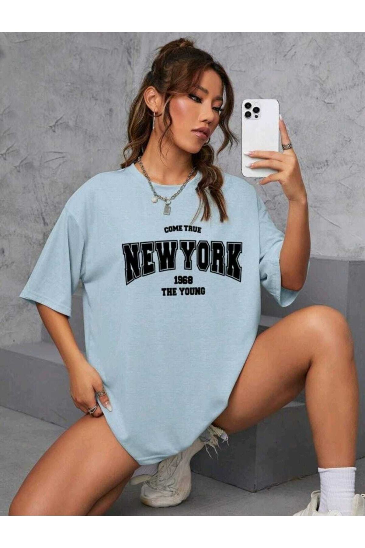 Come True New York Baskılı Oversize Spor Bisiklet Yaka Pamuklu Tshirt