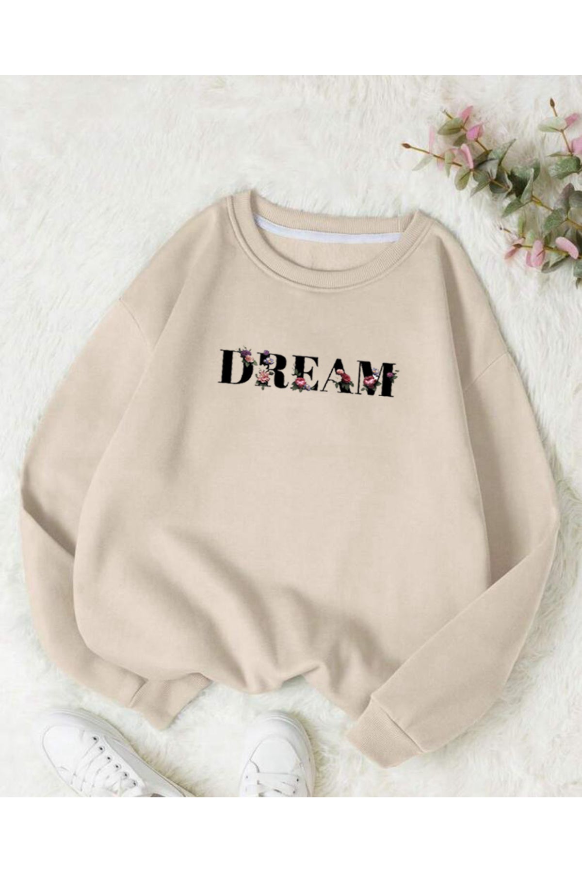 DREAM Baskılı Sıfır Yaka Sweatshirt