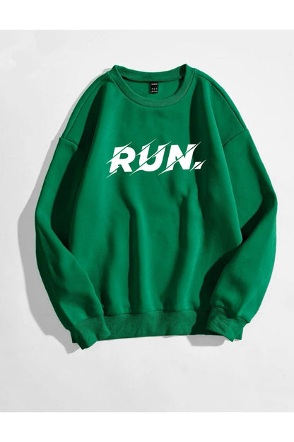 RUN Baskılı Bisiklet Yaka Pamuklu Sweatshirt