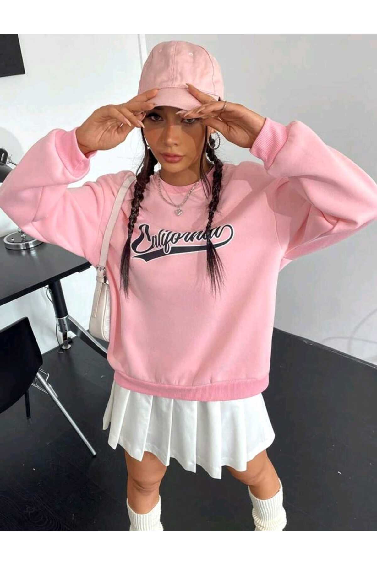 California Baskılı Şeker Pembe Bisiklet Yaka Sweatshirt Özel Seri Soft Kumaş