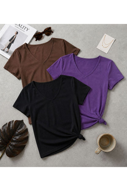 3 Adet Düz Regular Kalıp (V Yaka) Kadın T-Shirt