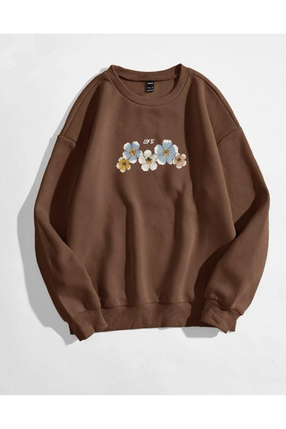 Life Menekşe Baskılı Bisiklet Yaka Sweatshirt