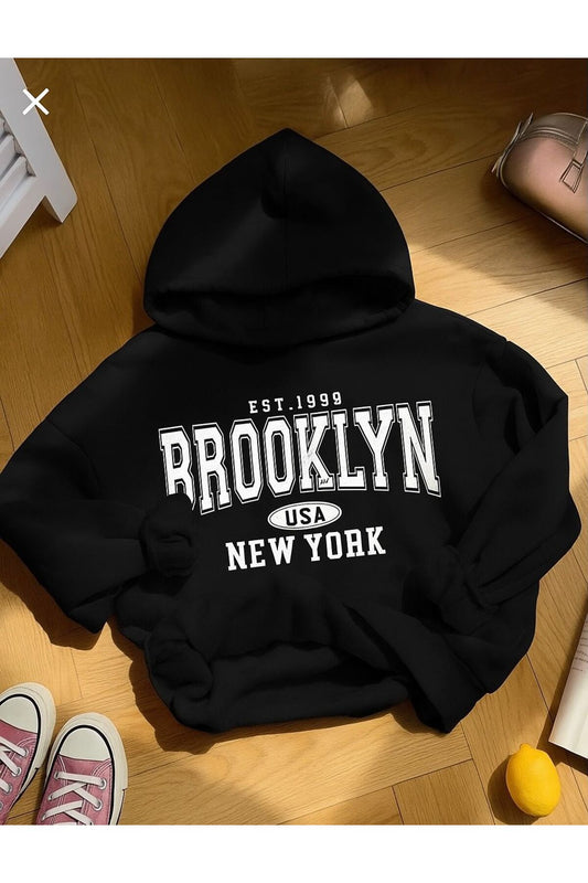 EST.1998 BROOKLYN Baskılı Oversize Kalıp KAPŞONLU Sweatshirt