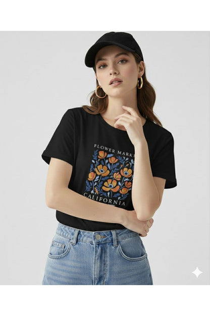 FLOWER MARKET California Baskılı Kadın Bisiklet Yaka Tshirt