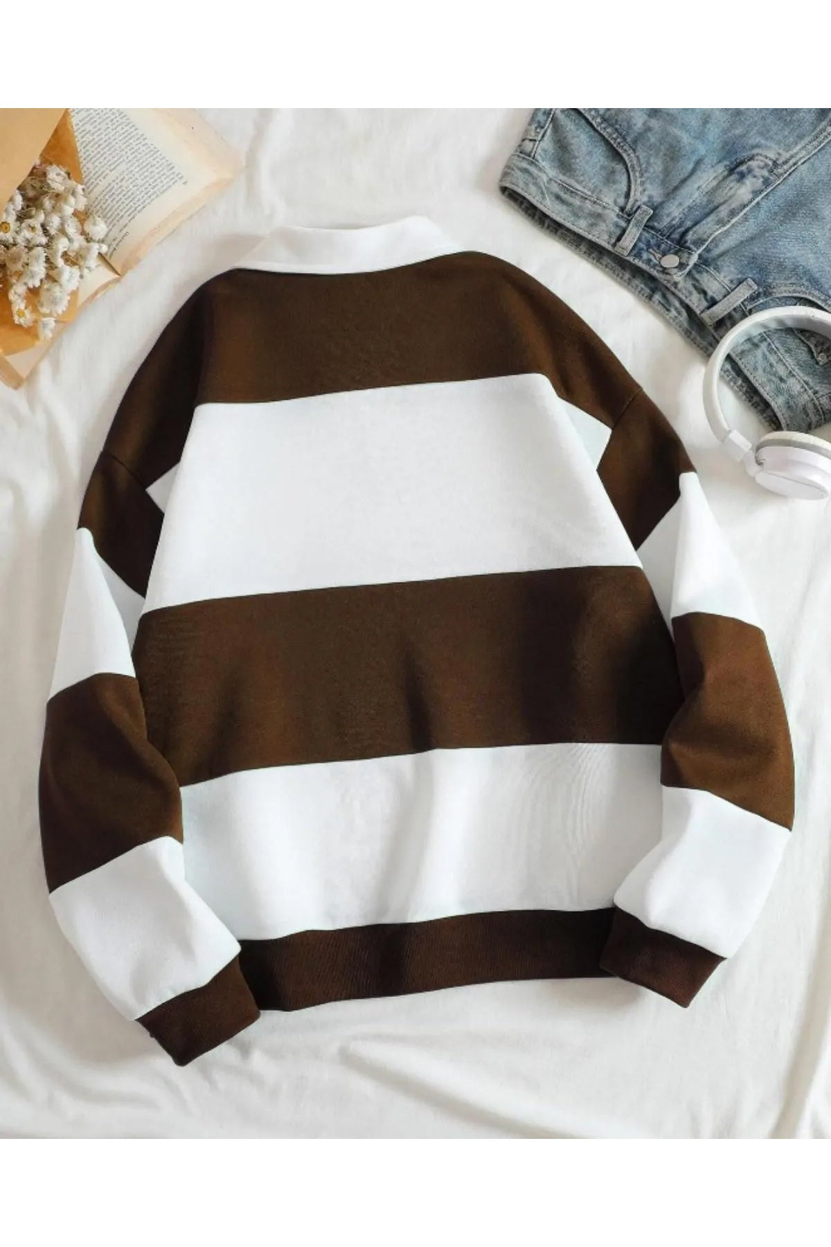 Original Unisex Kahverengi Çizgili Oversize Polo Yaka Yarım Fermuarlı Sweatshirt