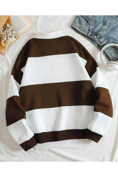 Original Unisex Kahverengi Çizgili Oversize Polo Yaka Yarım Fermuarlı Sweatshirt