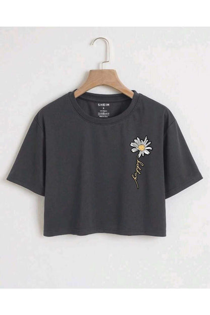Happy Papatya Baskılı Kadın Oversize Crop T-shirt