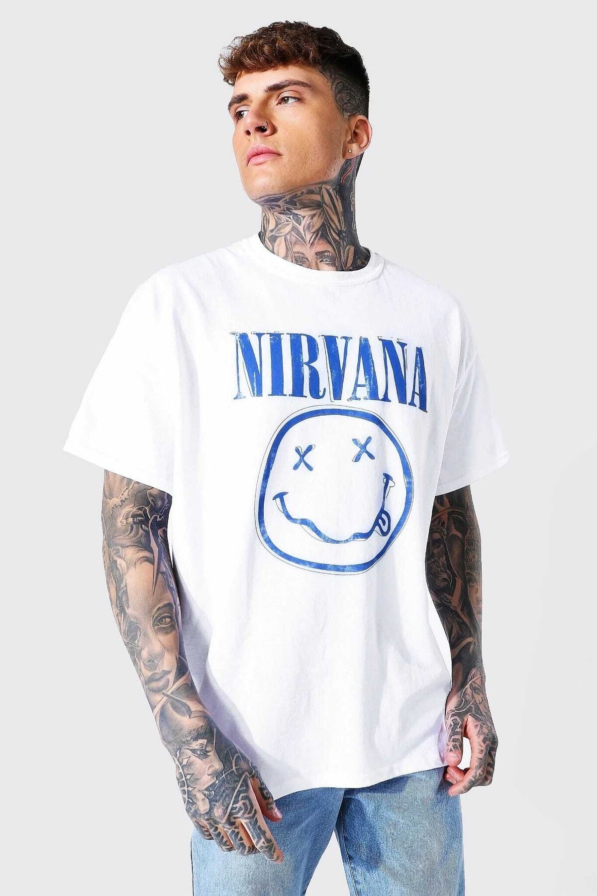 Nırvana Baskılı Oversıze Beyaz Bisiklet Yaka Spor Tshirt