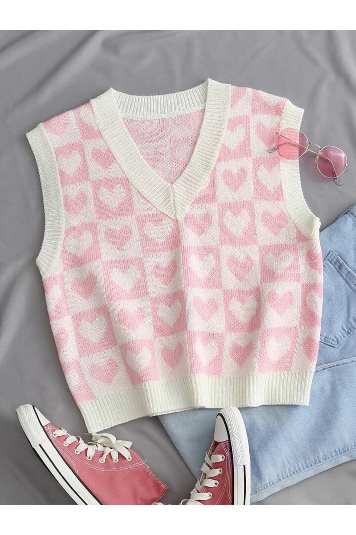 V-NECK COTTON SWEATER WITH HEARTS Süveter KALPLİ