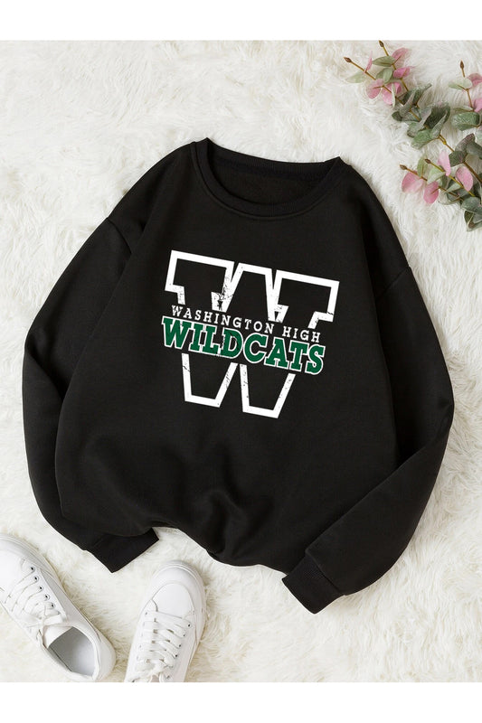 WILD CATS Baskılı Oversize Bisiklet Yaka Sweatshirt