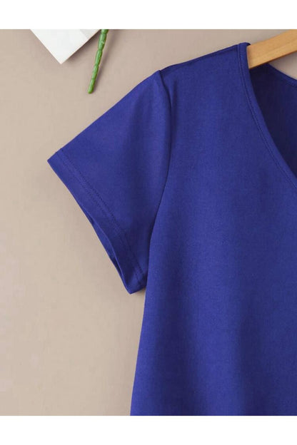 V Yaka Basic Çiçek Baskılı Pamuklu Tshirt (normal Kalıp)