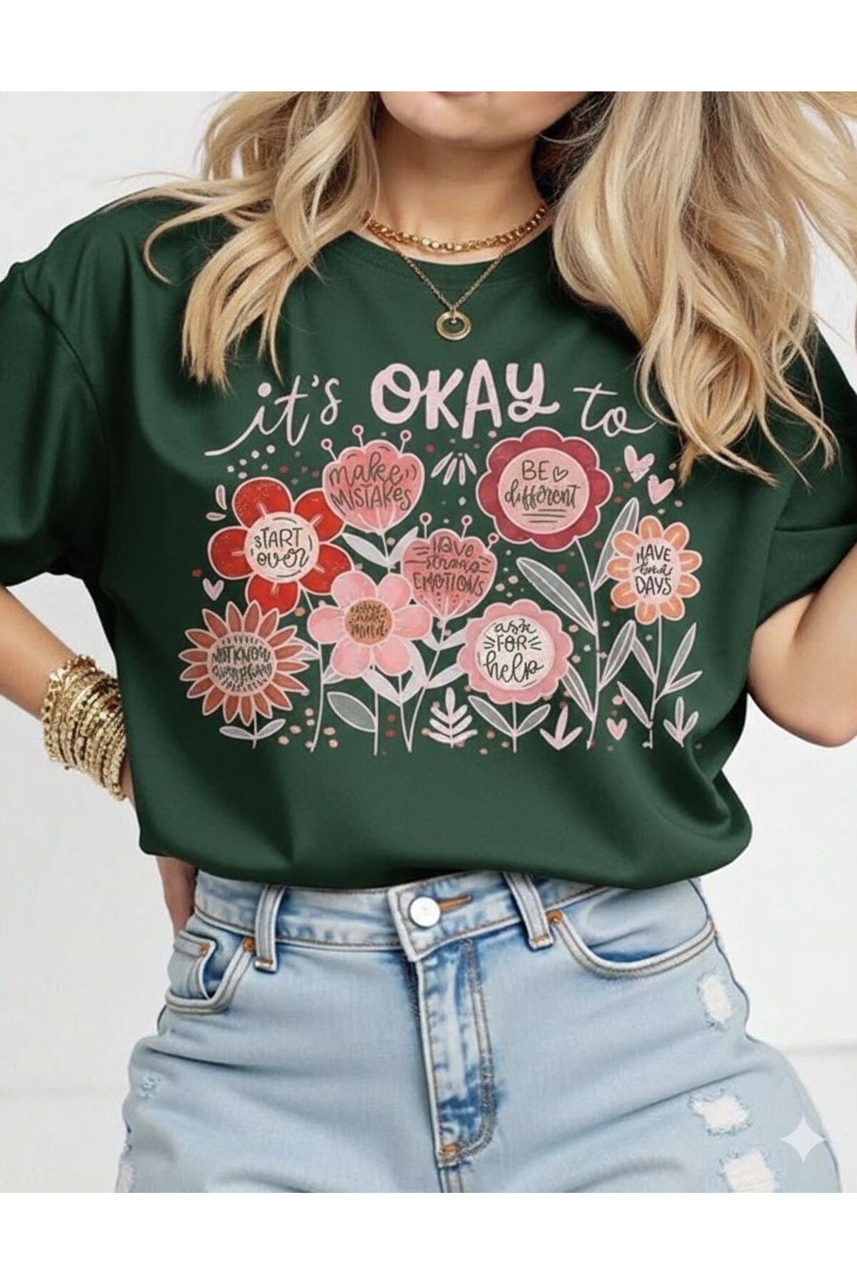 it's Okay To Çiçekler Kısa Kollu Pamuklu Tshirt
