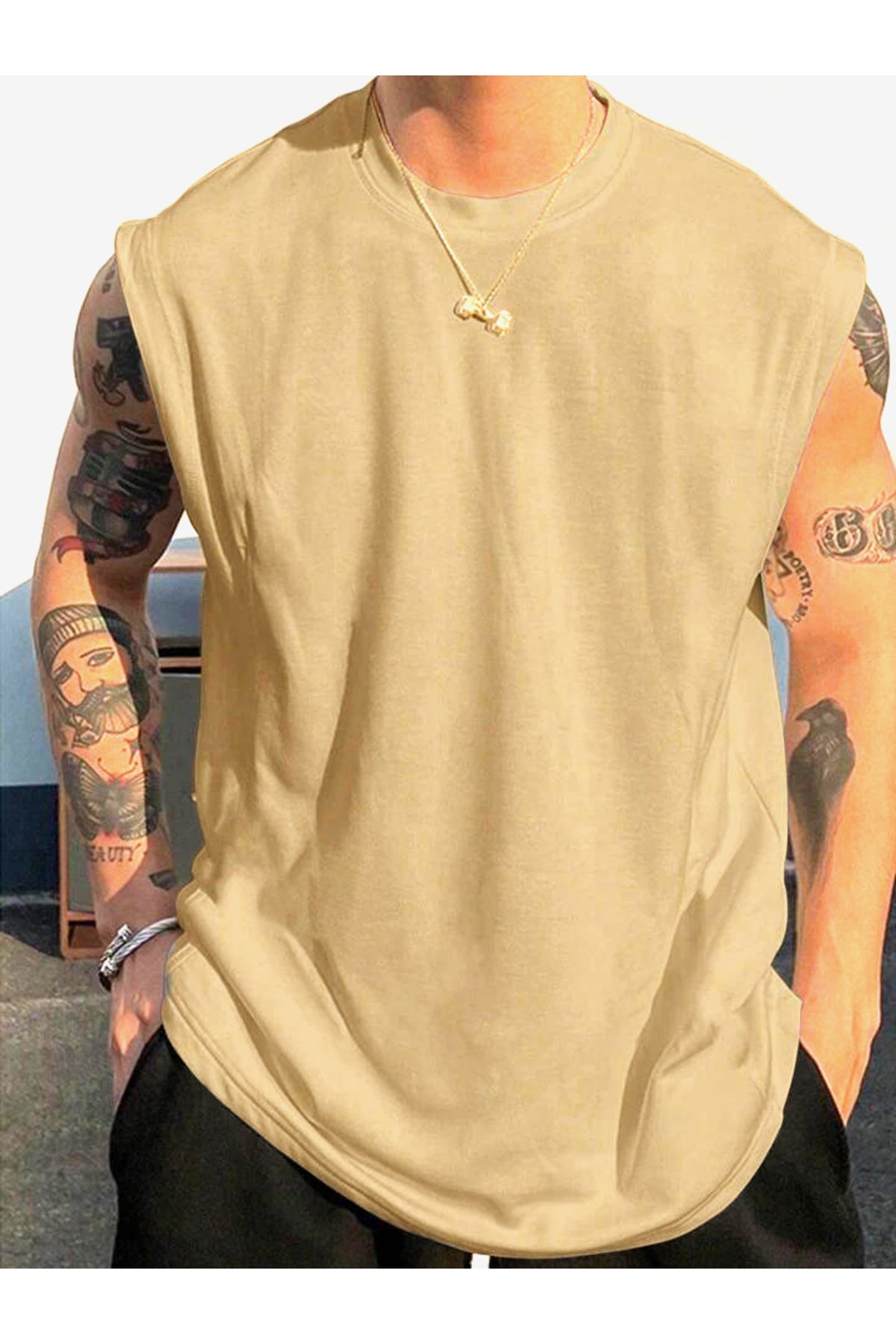 Düz Giy Çık Erkek Kolsuz Sıfır Kol Trend T-Shirt