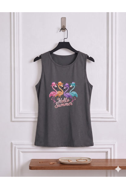 FLAMİNGO Baskılı Kadın (Omuzu Açık) Askılı Kolsuz Tshirt