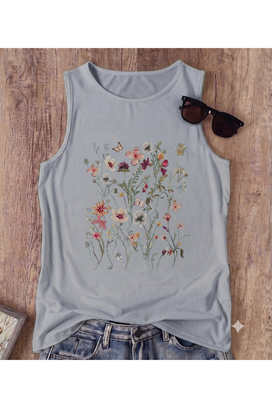 FLOWERS Desenli Kadın Pamuklu Omuzu Açık (Kolsuz) Yazlık T-shirt