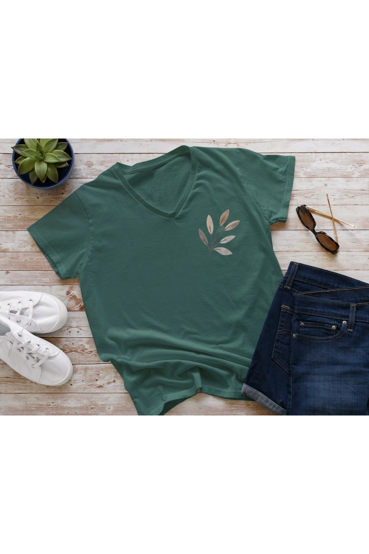 V Yaka Basic Pamuklu  Baskılı Tshirt ZEYTİN DALI