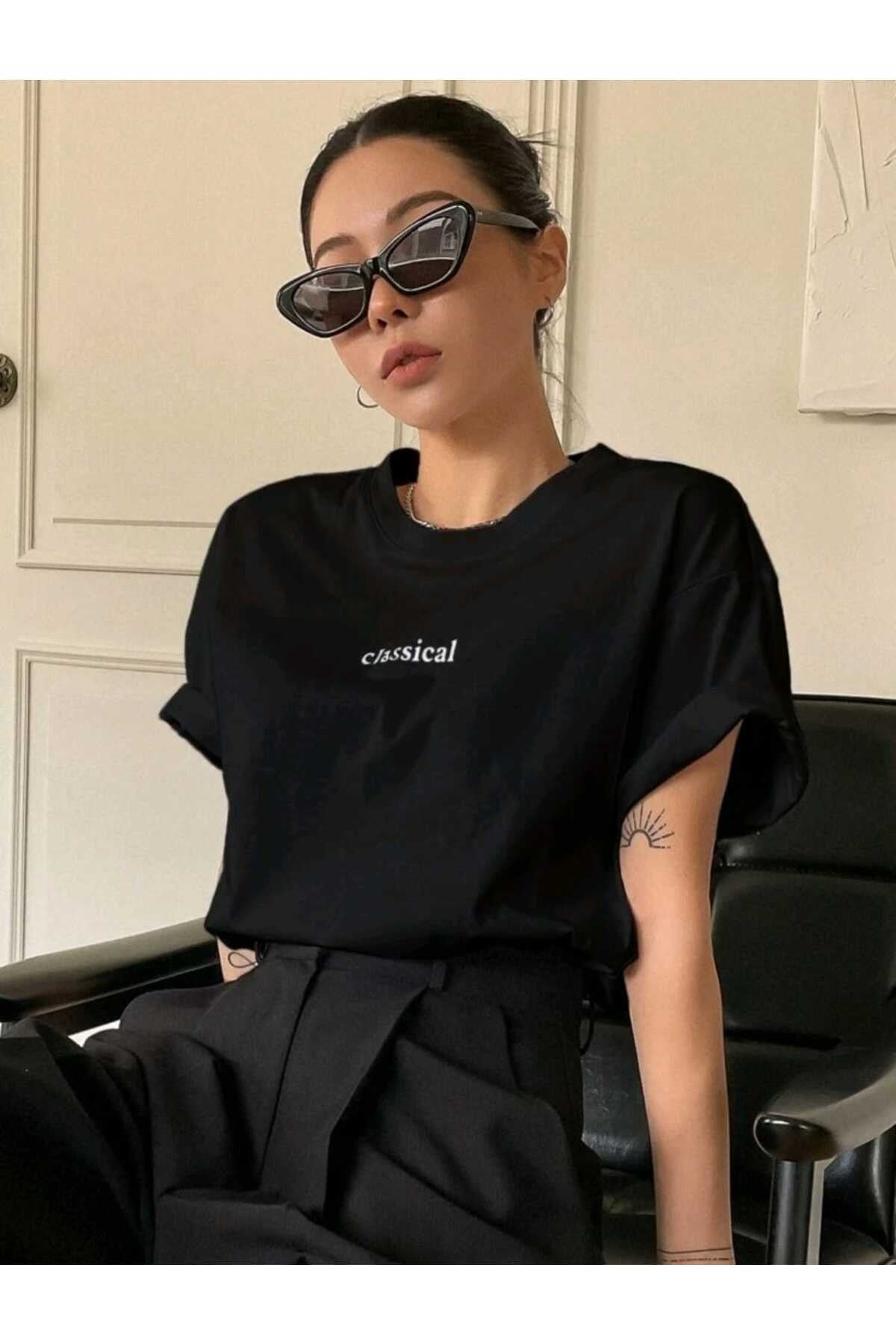 Classical Baskılı Bisiklet Yaka Pamuklu T-Shirt