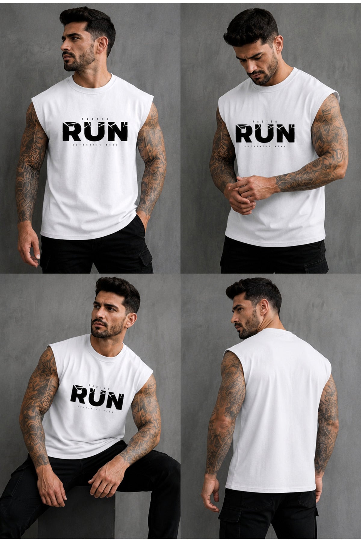 FASTER RUN Baskılı Erkek Sıfır Kol Atlet T-Shirt (%100 PAMUKLU)