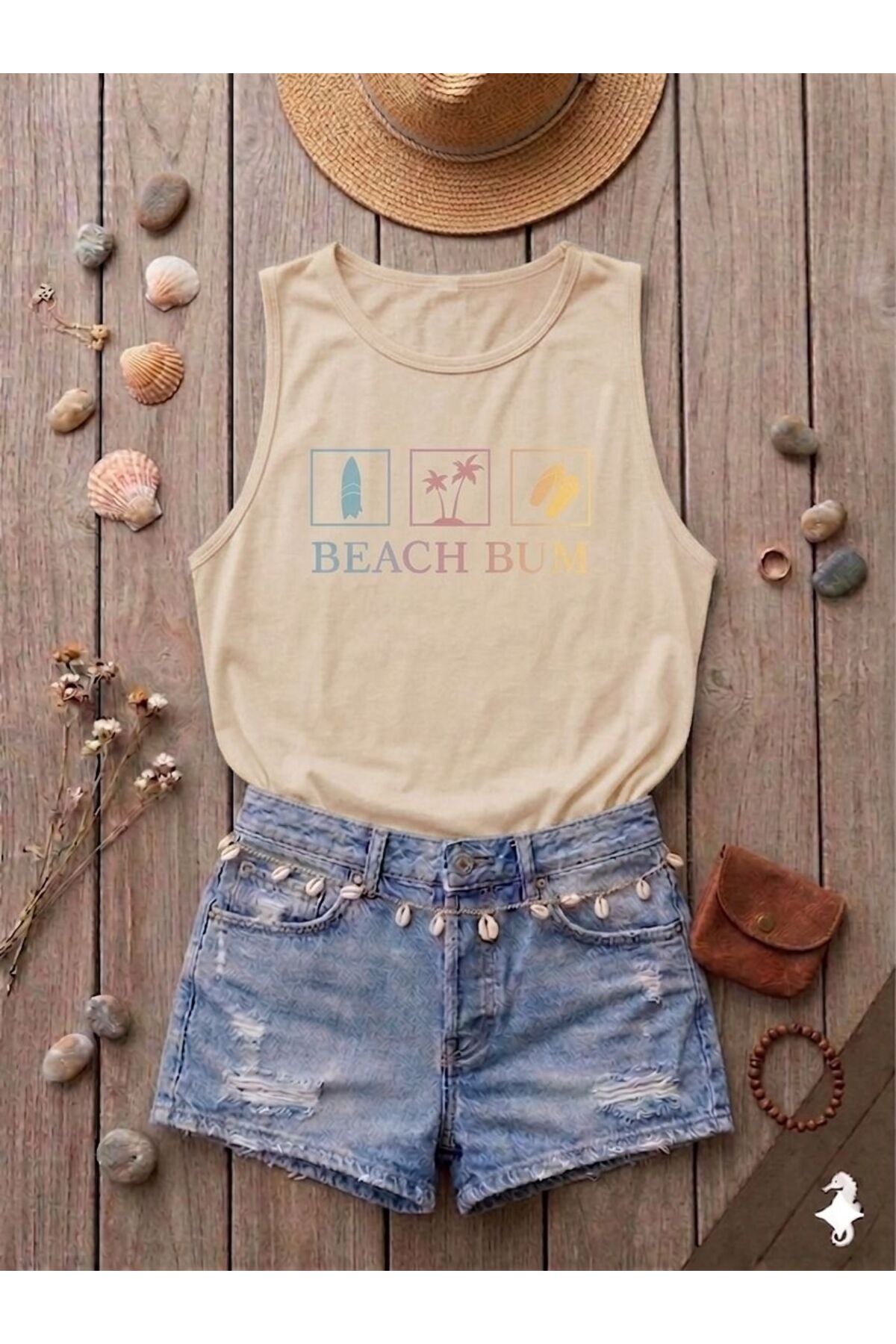 BEACH BUM Baskılı Kadın (Omuzu Açık) Slim Fit Askılı Tshirt