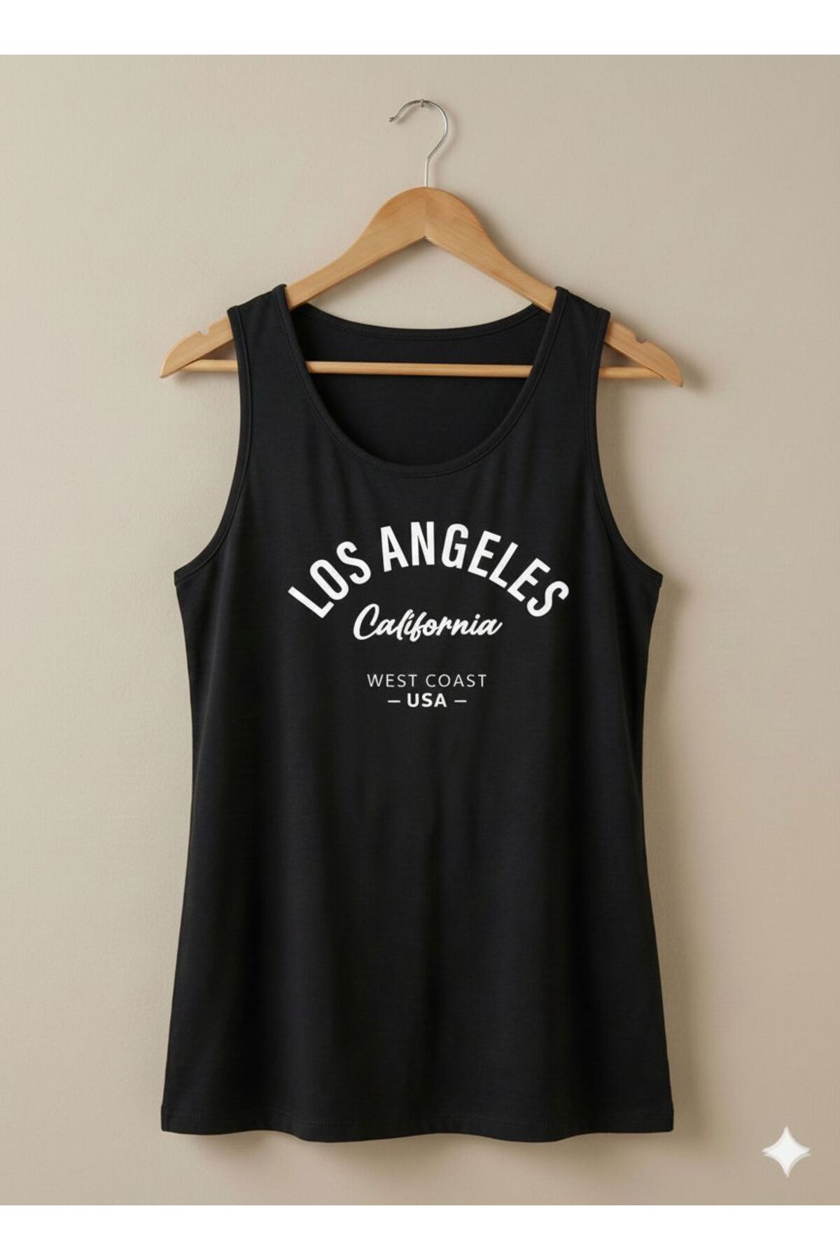 Los Angeles California Baskılı Kadın Siyah Omuzu Açık Askılı Yazlık Pamuklu T-shirt