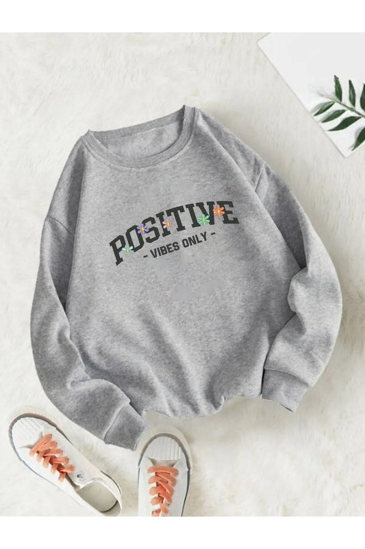 VIBES ONLY PSTV Baskılı Bisiklet Yaka OVERSIZE Sweatshirt