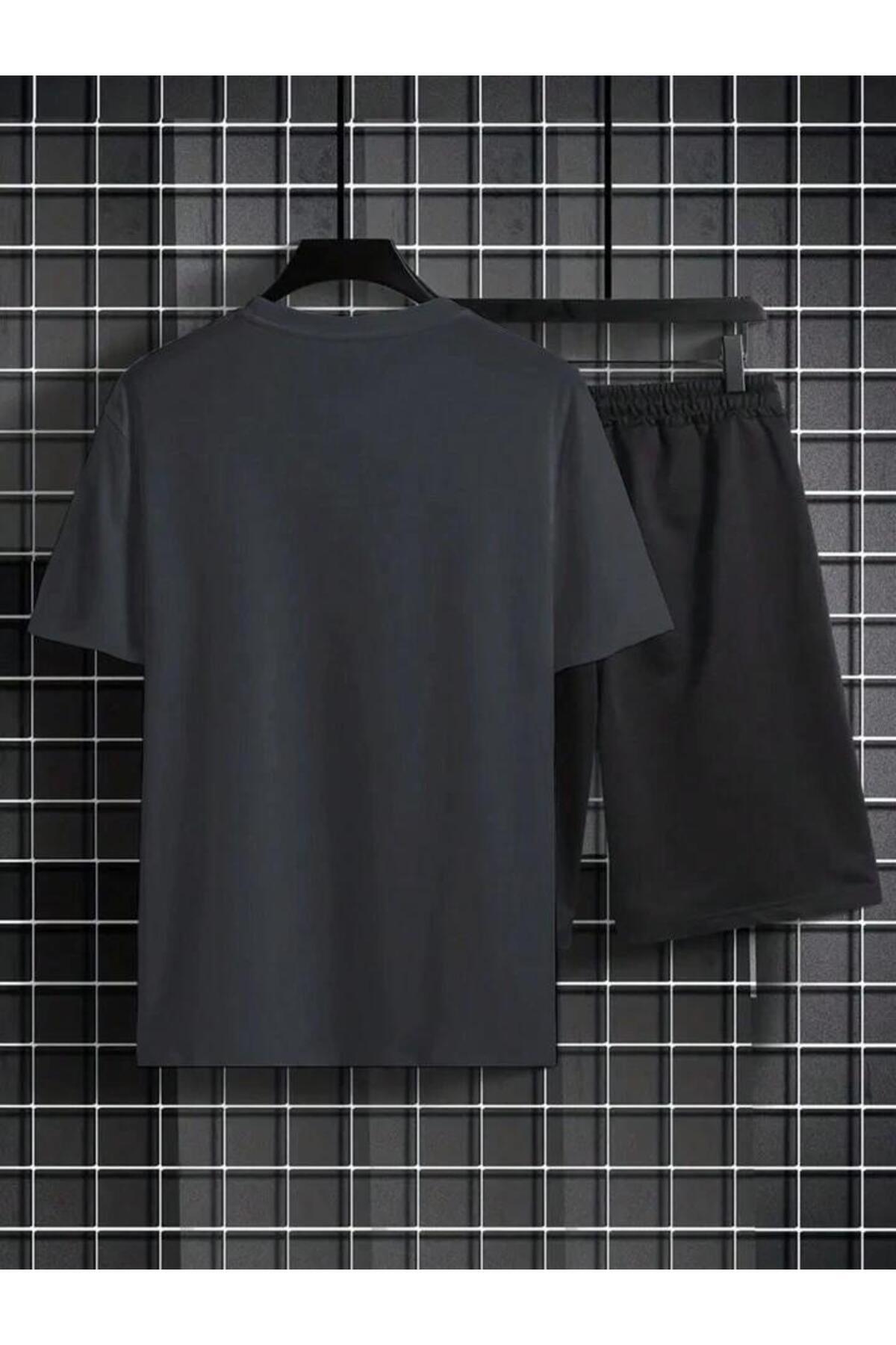 Erkek Siyah CALİFORNİA Baskılı Oversize T-shirt Şort TAKIMI