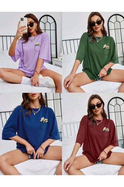 4ü1 Arada Çiçek Baskılı Unisex Oversize ( Geniş Kalıp ) Tshirt