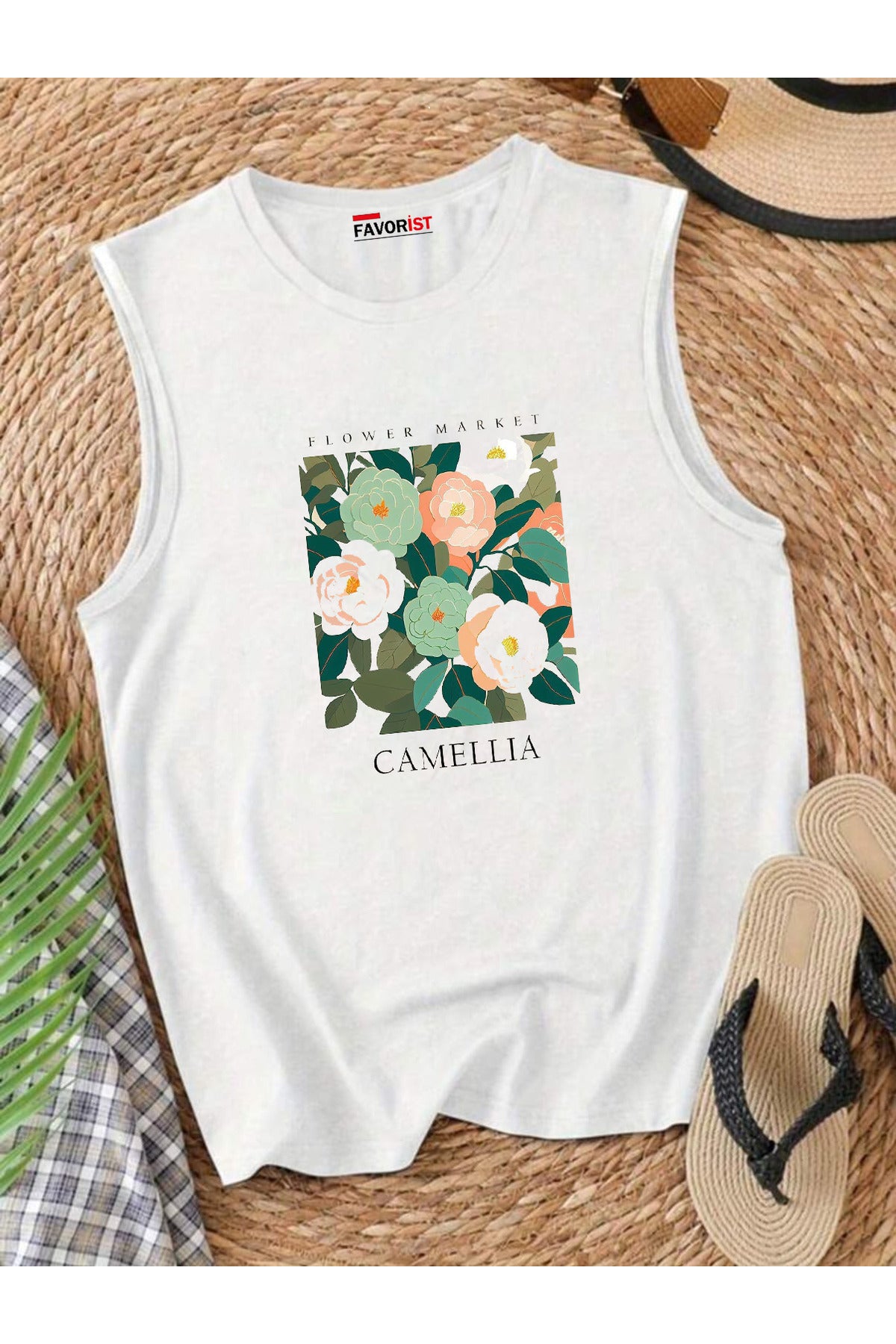 Şehrin Çiçekleri Omuzu Açık Kadın Pamuklu Kolsuz Yazlık T-shirt Atlet