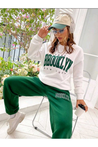 Brooklyn Baskılı Alt Üst Takım Pamuklu Spor Bisiklet Yaka Sweatshirt Ve Lastikli Eşofman Altı