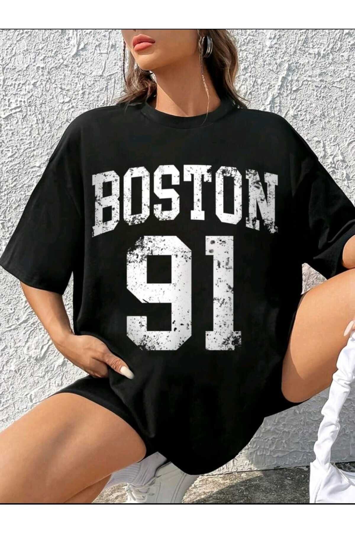 Boston Baskılı Oversize Siyah Pamuk Spor Tshirt