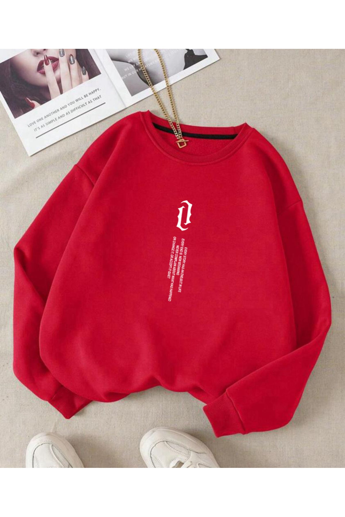 UNISEX Dikey Yazı Baskılı Bisiklet Yaka OVERSIZE Sweatshirt