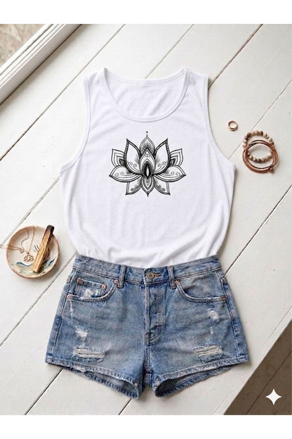 LOTUS Çiçeği Baskılı Kadın (Omuzu Açık) Slim Fit Askılı T-shirt