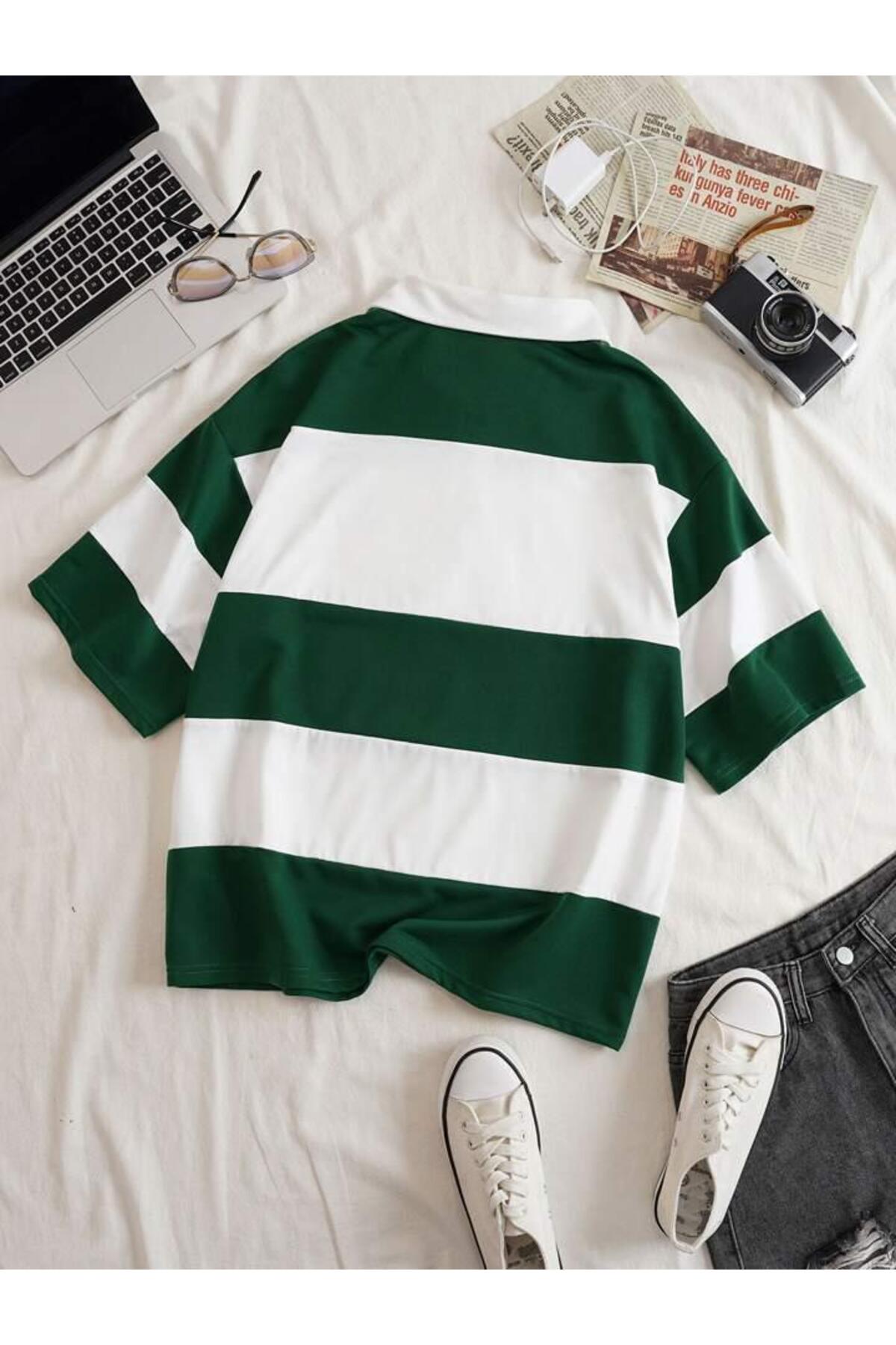 Unisex Multi Renk Düz Çizgili Fermuarlı Polo Yaka Oversize T-shirt
