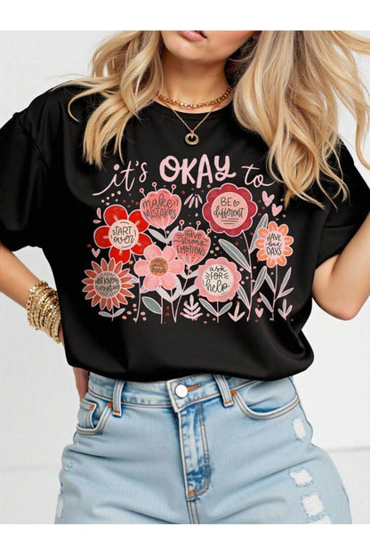 it's Okay To Çiçekler Kısa Kollu Pamuklu Tshirt
