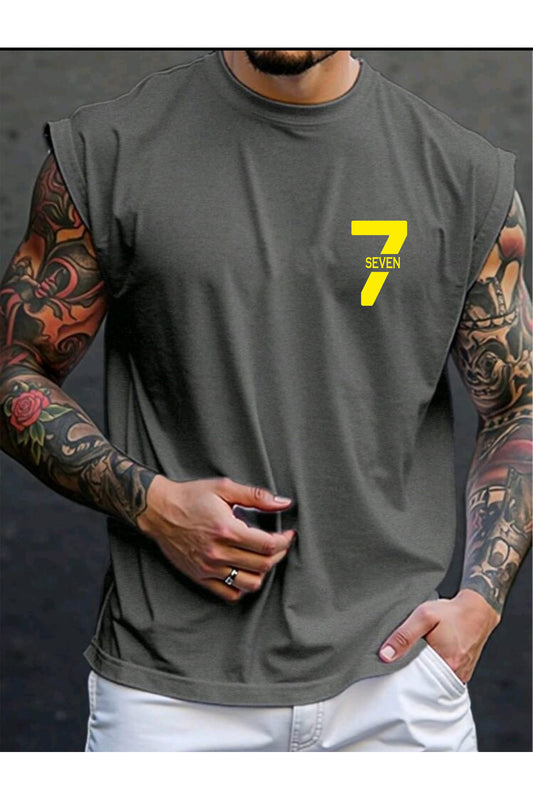 7 Seven Baskılı Kolsuz tshirt Erkek Sıfır Kol Giyim Spor Giyim Oversize T-SHİRT