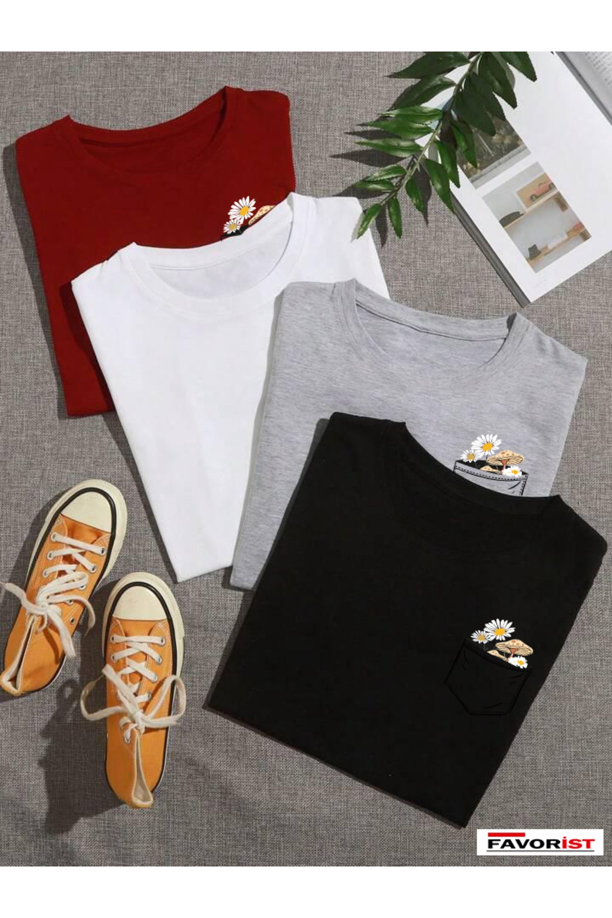 4 Adet Çiçek Baskılı Unisex Oversize Tshirt