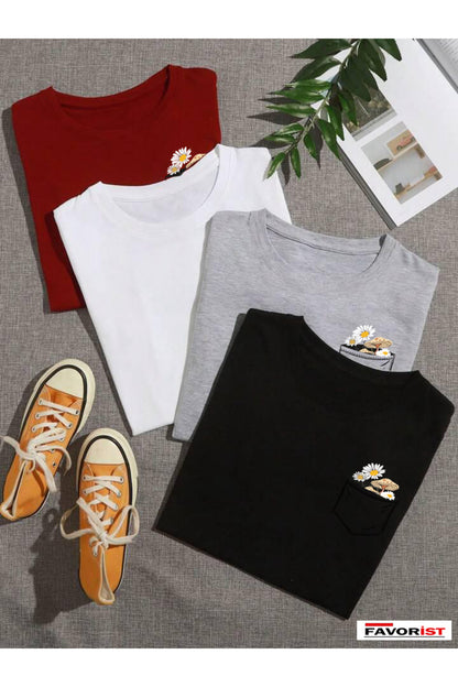 4 Adet Çiçek Baskılı Unisex Oversize Tshirt