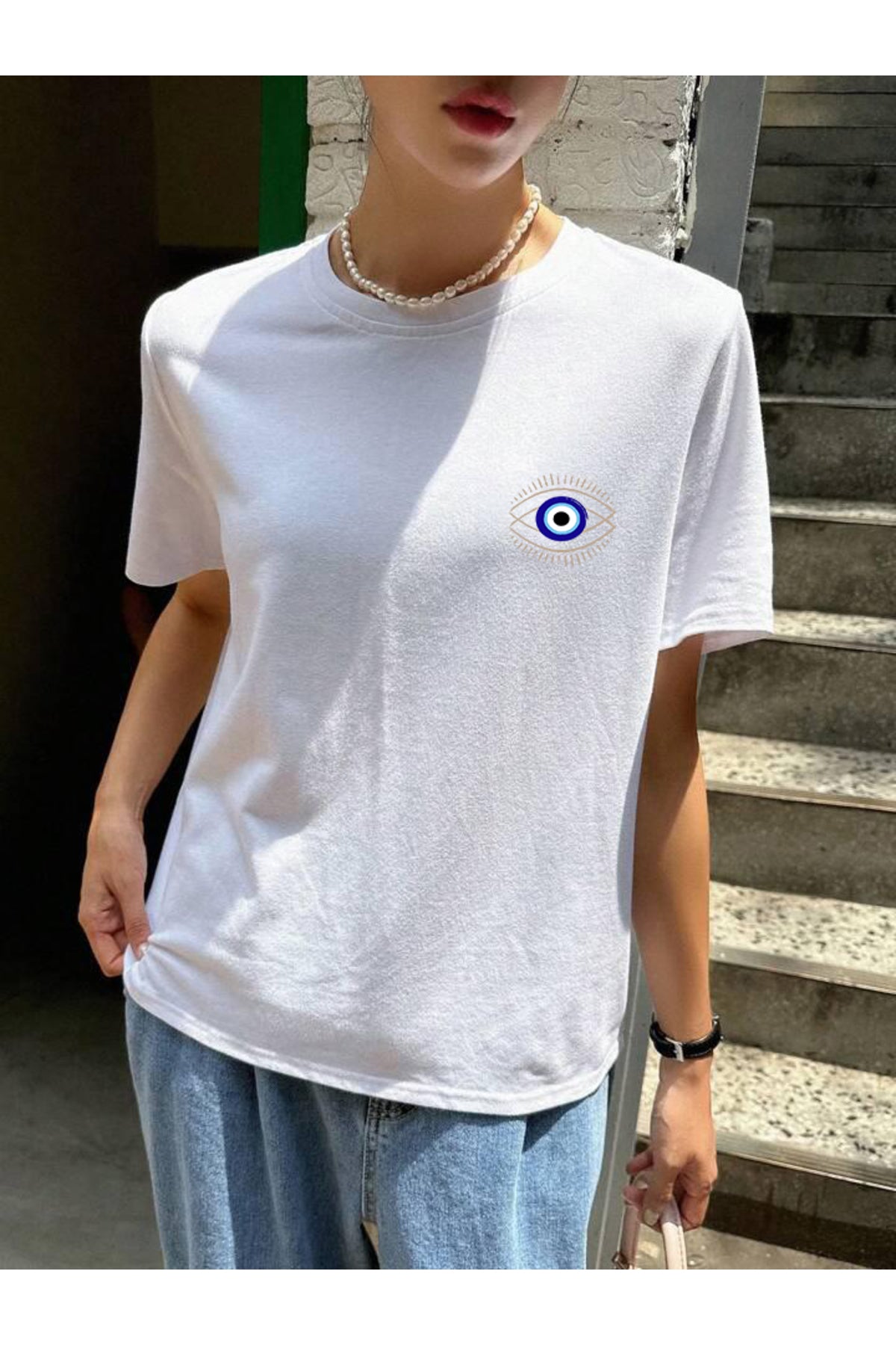 NAZAR BONCUĞU ve GÖZ Baskılı Pamuklu Kısa Kol (Oversize) Tshirt