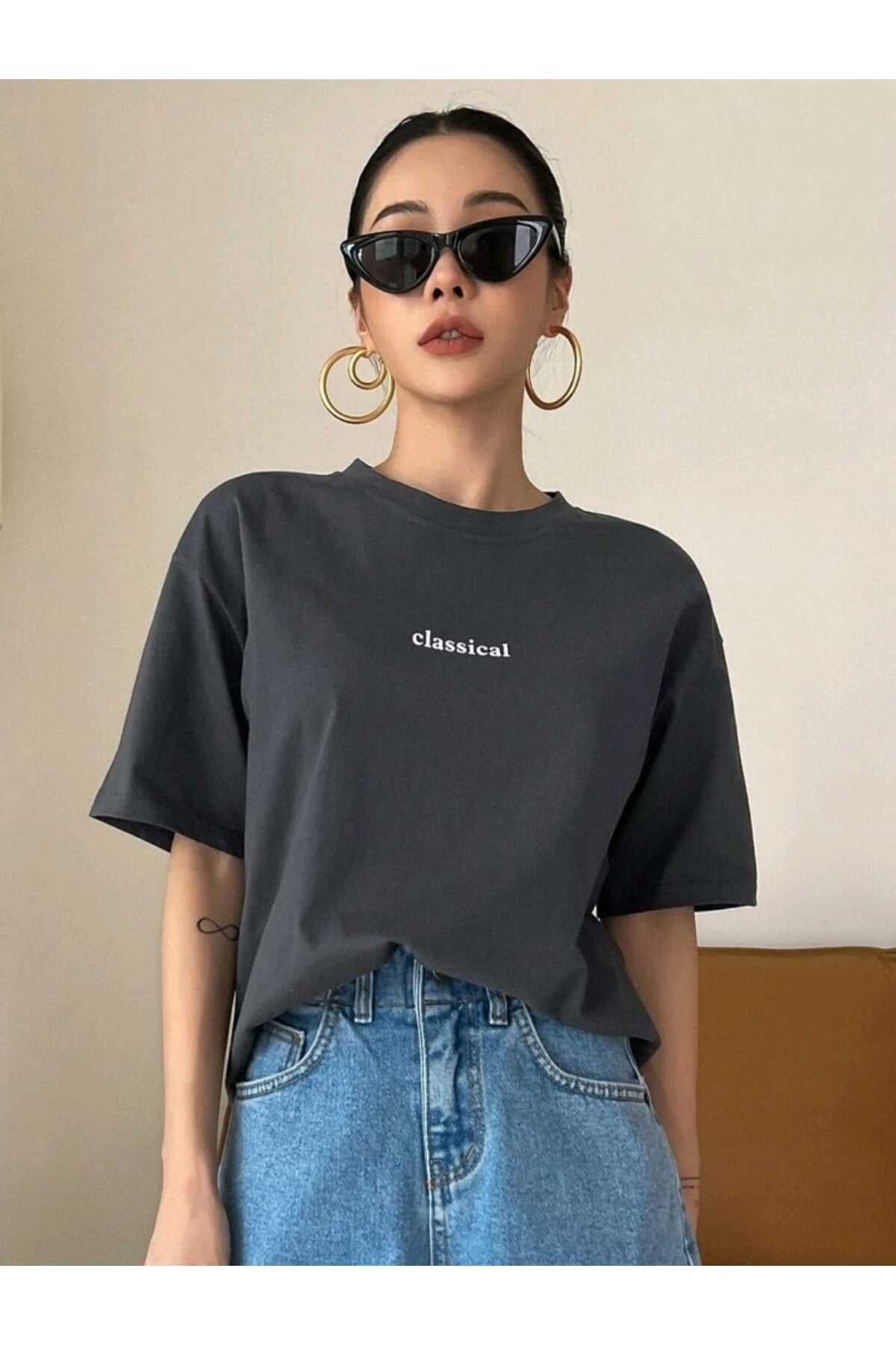 Classical Baskılı Bisiklet Yaka Pamuklu T-Shirt