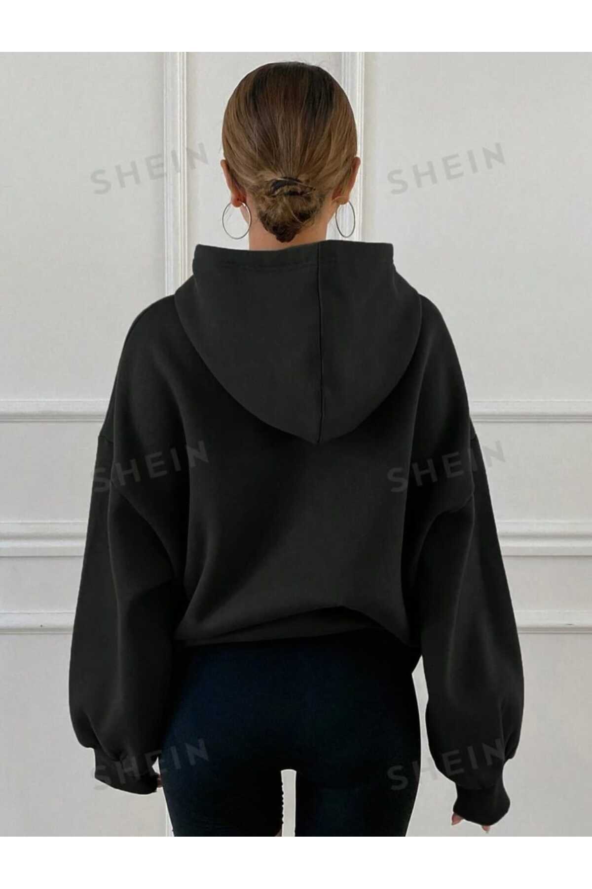 Kapüşonlu Düz Baskısız Giy Çık Oversize Kalıp Sweatshirt