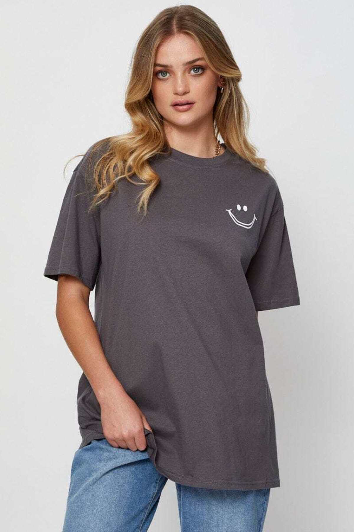 Gülümseme Baskılı Unisex Kısa Kol Bisiklet Yaka Tshirt
