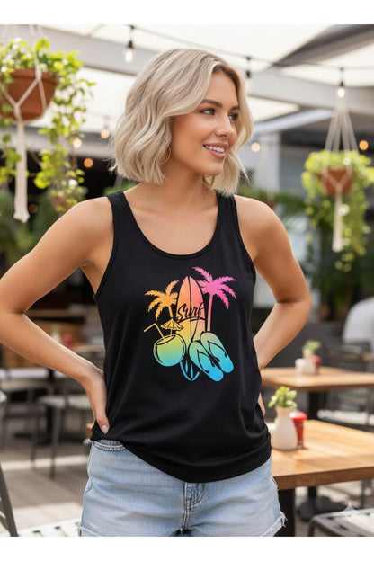 Palmiye Surf Baskılı Kadın Siyah Omuzu Açık Askılı Yazlık Pamuklu T-shirt