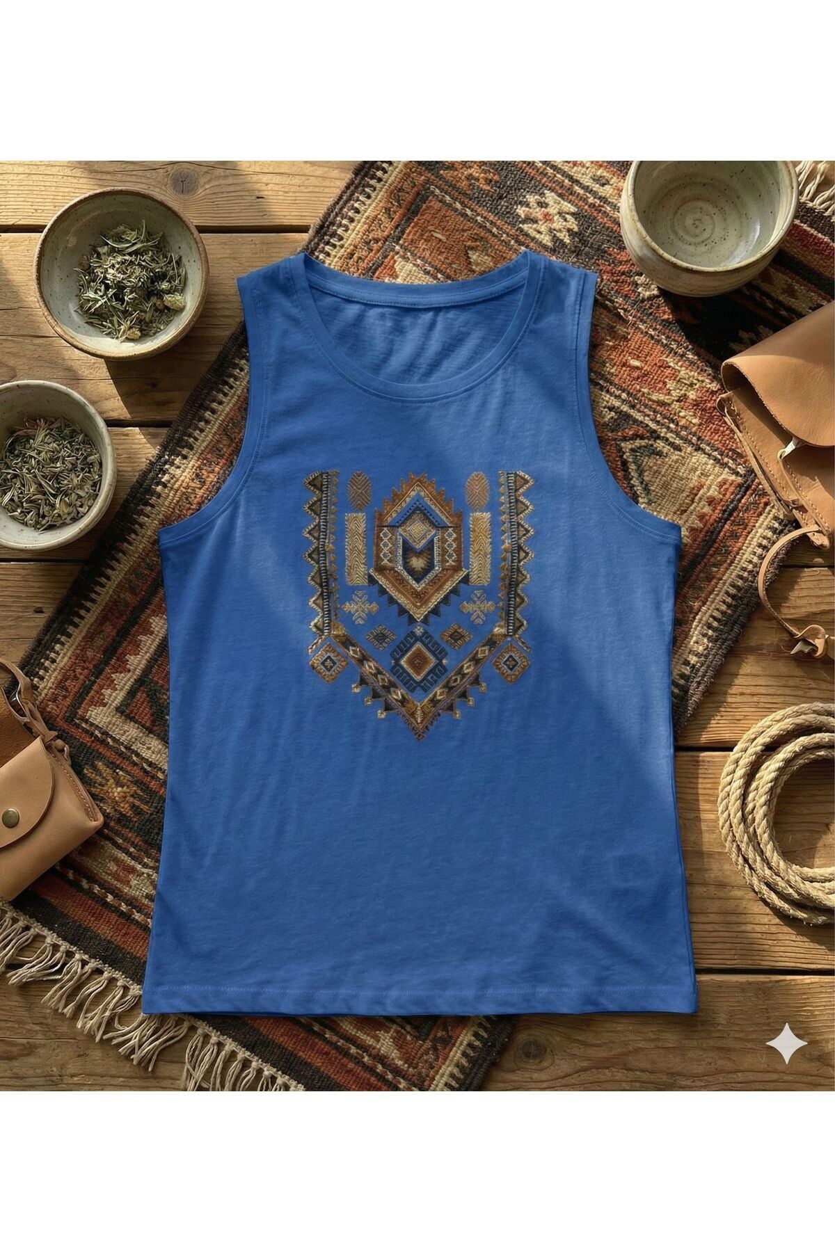 Etnik Desen Baskılı Kadın Omuzu Açık Kolsuz Askılı Tshirt