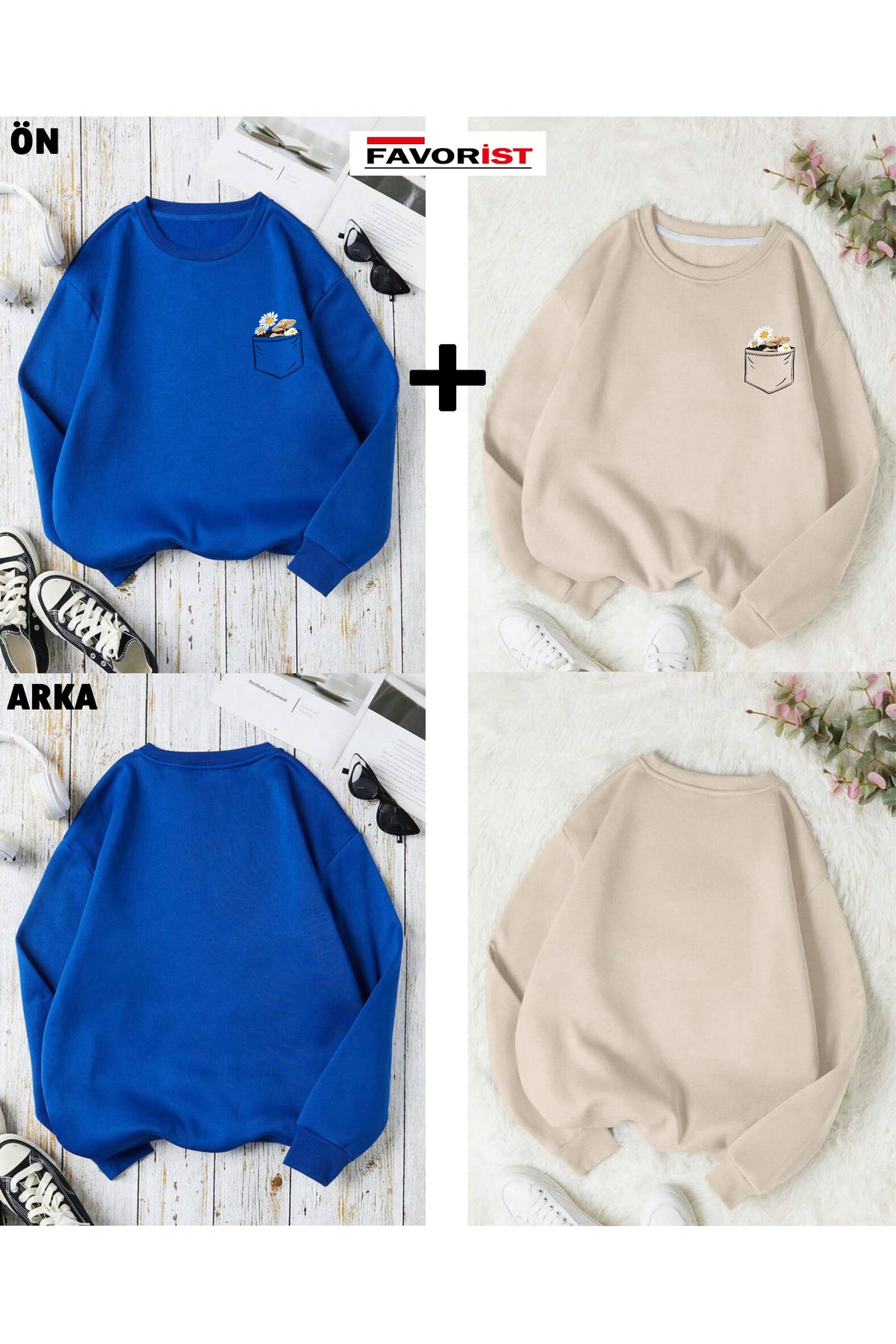 İKİLİ PAKET Çiçek Baskılı Bisiklet Yaka Pamuklu Sweatshirt
