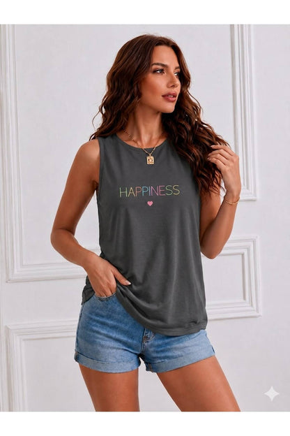 HAPPINESS Baskılı Kadın (Omuzu Açık) Askılı Kolsuz Tshirt
