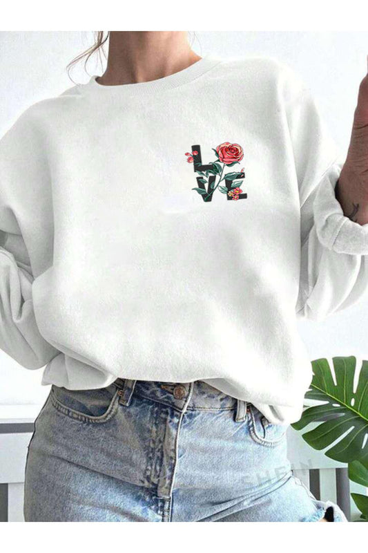 Love (GÜL) Baskılı Bisiklet Yaka Kadın Sweatshirt