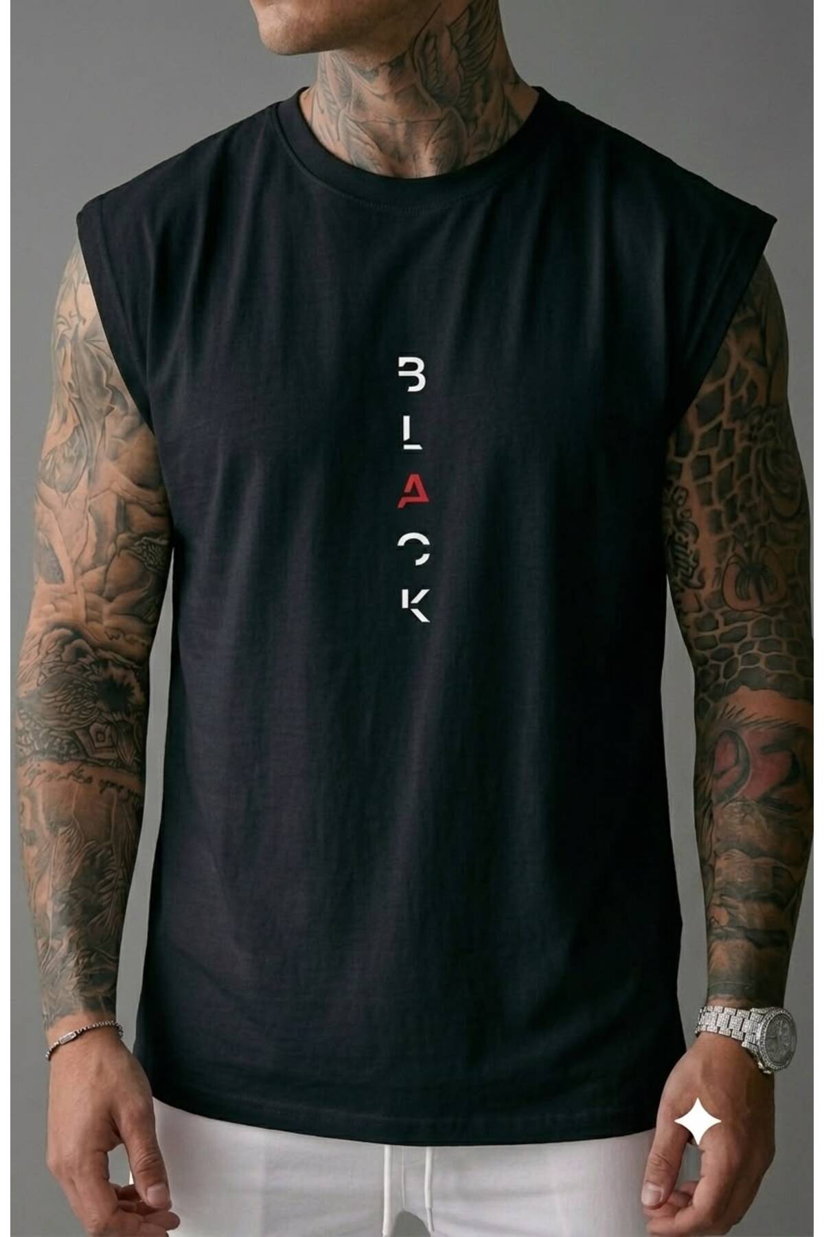 BLACK Baskılı Erkek (Sıfır Kol) Kolsuz Sporcu Atlet T-shirt