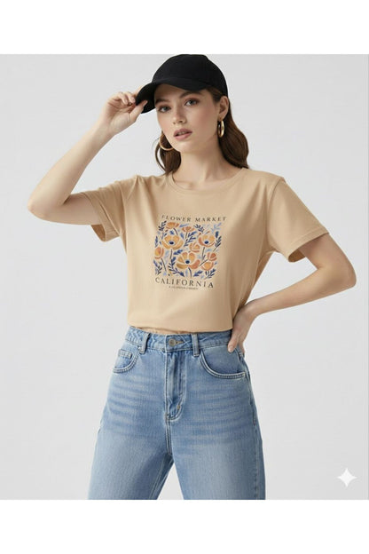 FLOWER MARKET California Baskılı Kadın Bisiklet Yaka Tshirt