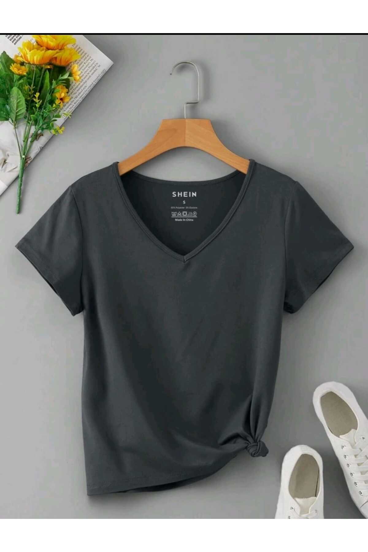 Kadın Yazlık V Yaka Tshirt Regular Fit Kalıp Düz Basic