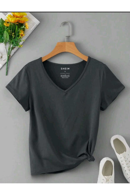 Kadın Yazlık V Yaka Tshirt Regular Fit Kalıp Düz Basic